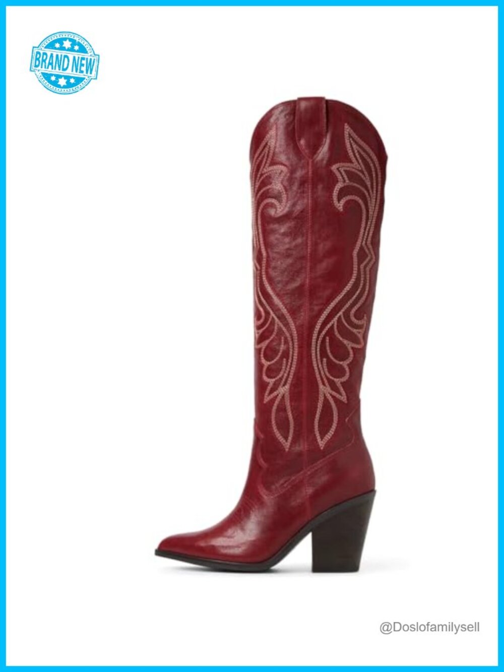 Women's Red Western Knee-High Leather Boots with Embroidered Shaft